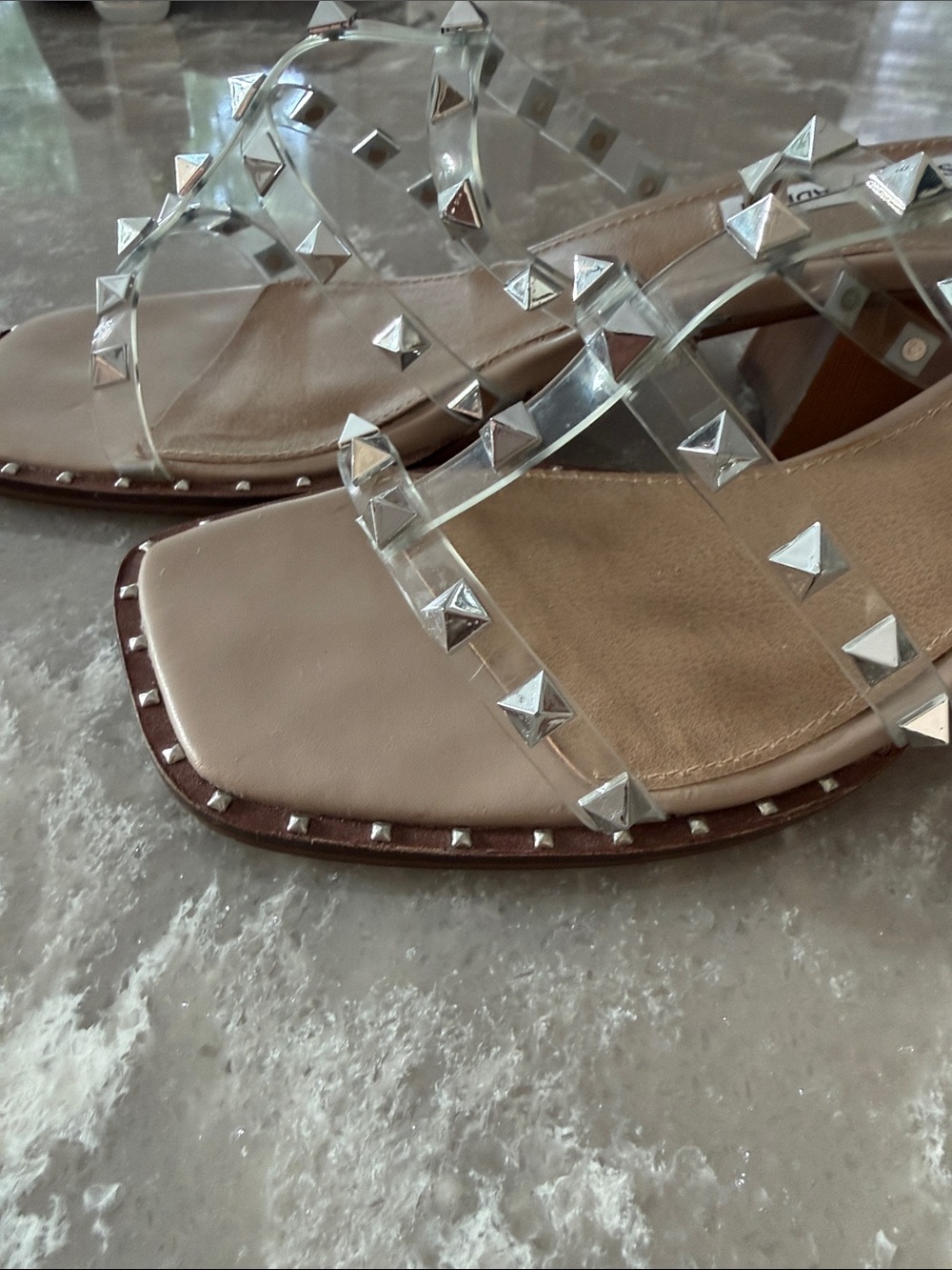 Steve Madden Clear Studded Slides with Nude Footbed - Picture 2 of 5